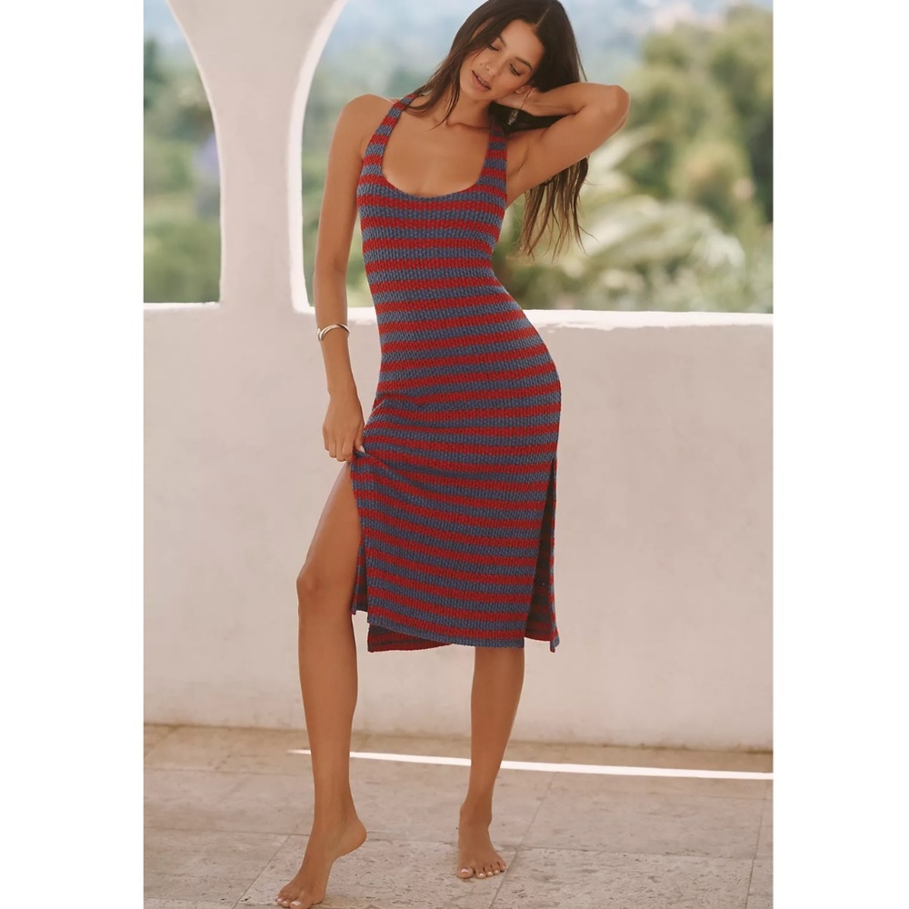 Anthropologie Blue Red Celandine Striped Knit Midi Dress